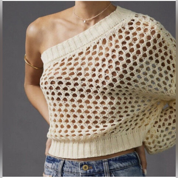 MaEve Anthropologie One-Shoulder Cream Knit Crochet Cropped Sweater - Picture 12 of 12